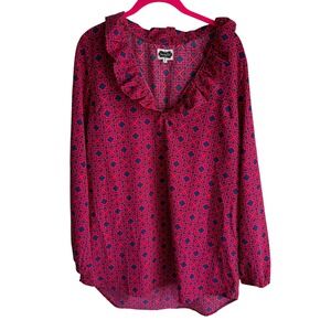 MUDPIE Fuschia‎ and Blue Geometric Ladies Long Sleeve Ruffled Neck Tunic, M
